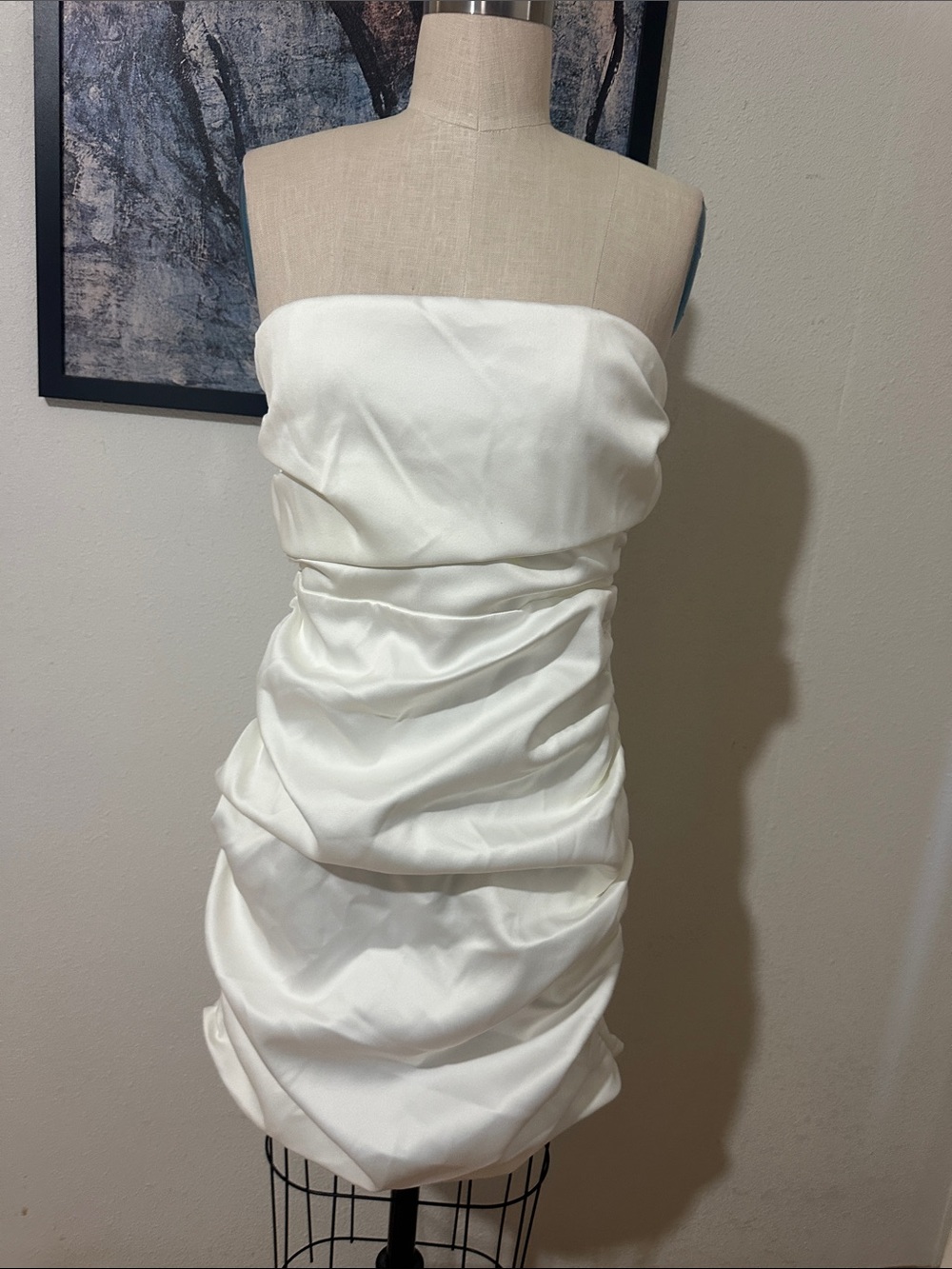 Fashion Nova White Strapless Ruched Satin Mini Dress